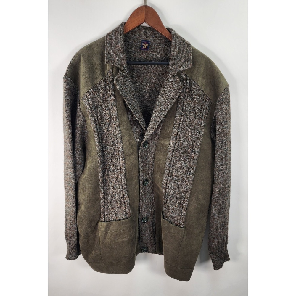 Vtg German Gordon James Men's L Wool Faux Suede Grandpa Cardigan Green  Sweater